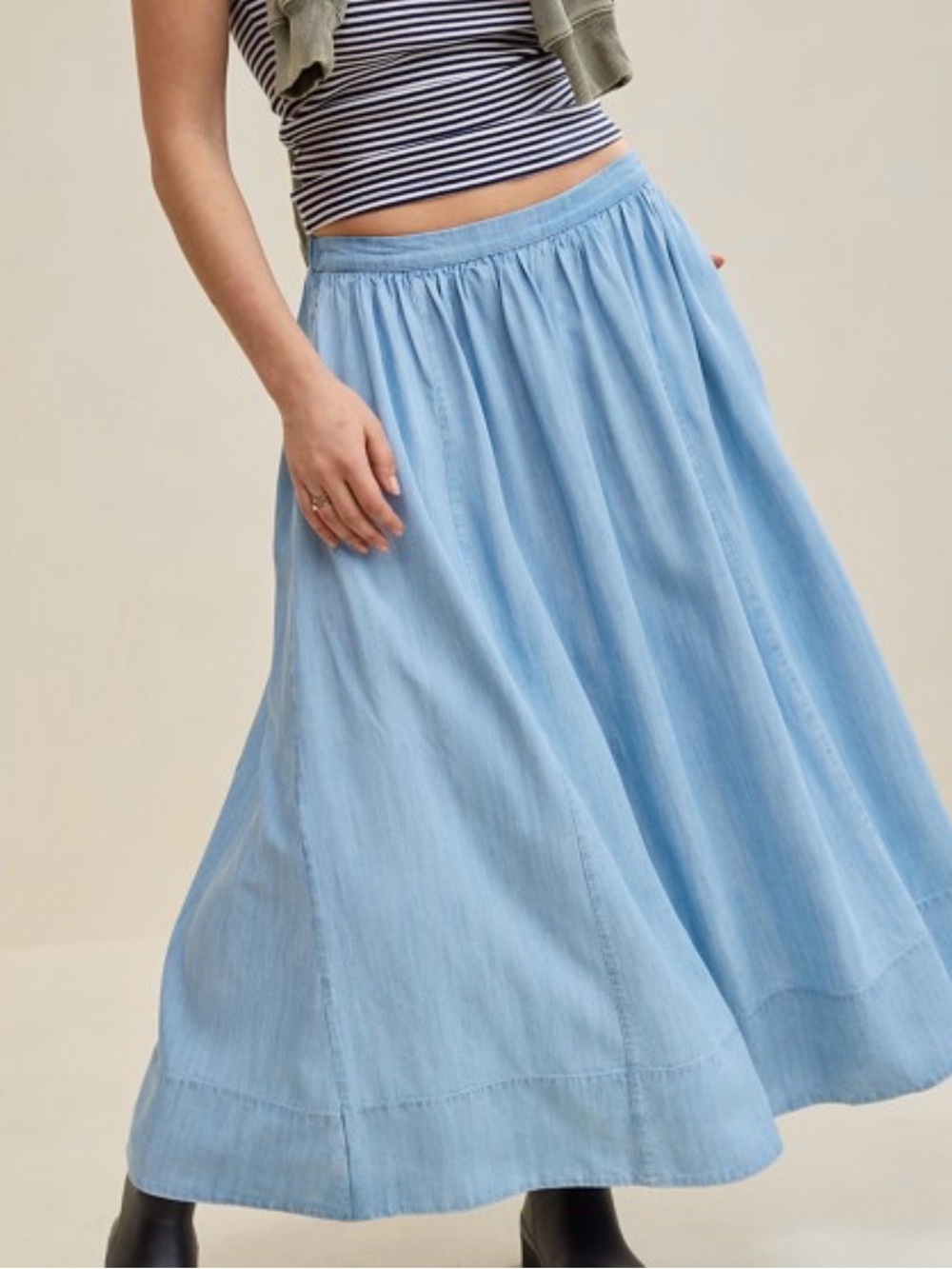 AERIE LARGE Light Blue chambray Jean Maxi Skirt with Soft Gathered Waist